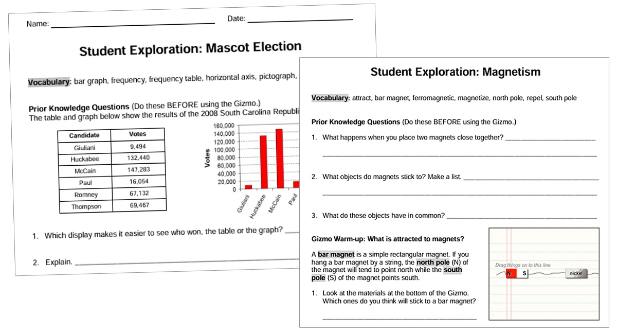 Student Exploration Sheet examples