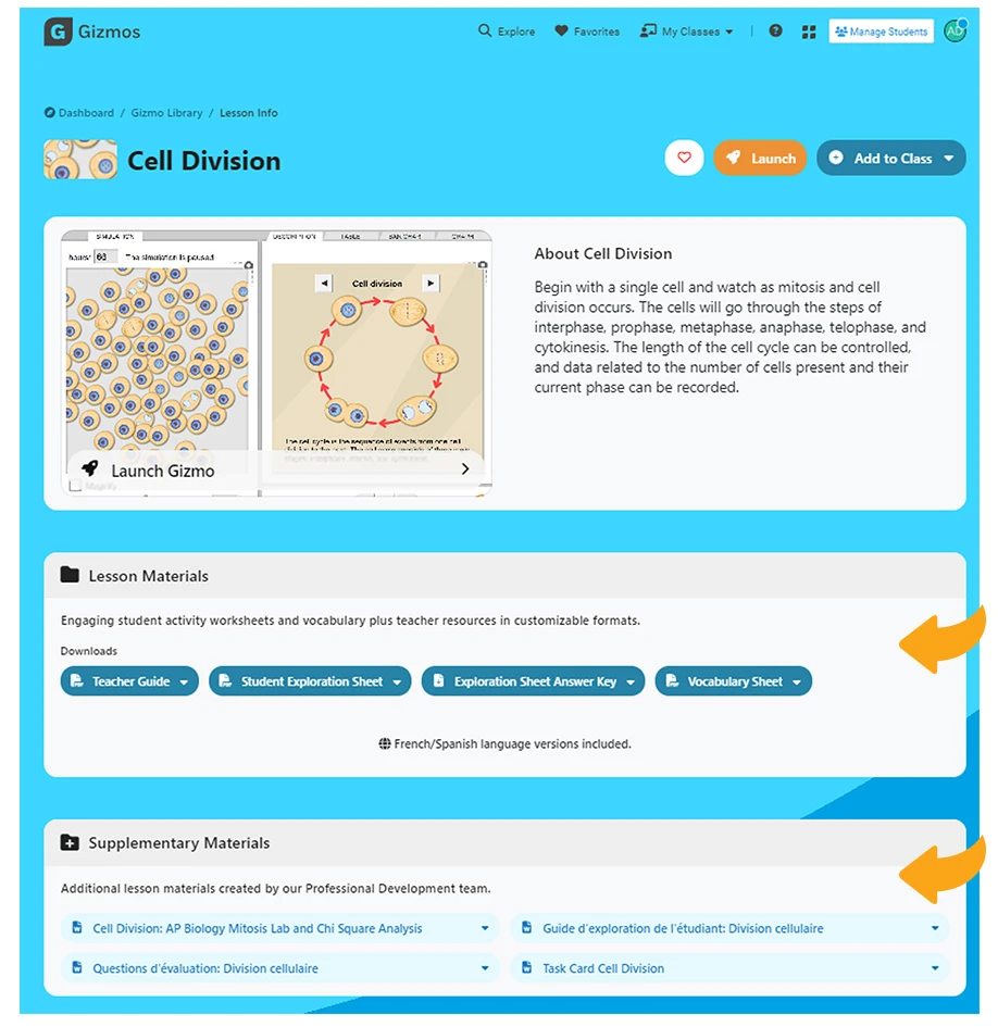 Teachers can access Gizmos Lesson Materials and Supplementary Materials from their teacher account.