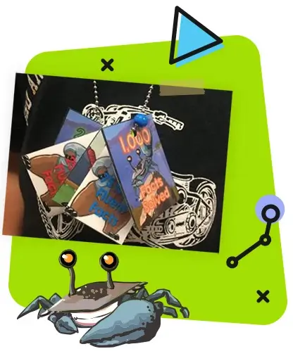 A closeup image of the brag tags. The tags are showcasing Reflex characters along with motivational text.