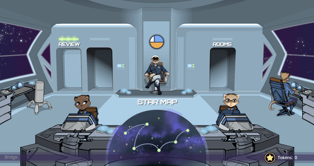 Review room in the app Frax: 4 space characters are sitting in a spaceship cockpit.