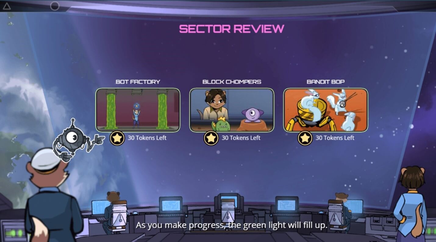 Characters of the app looking at a projected screen with game views listed. In the background is the control room of the spaceship with a view into space