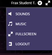 Interface of the sound options in the game: Sound, Music, Fullscreen, Logout