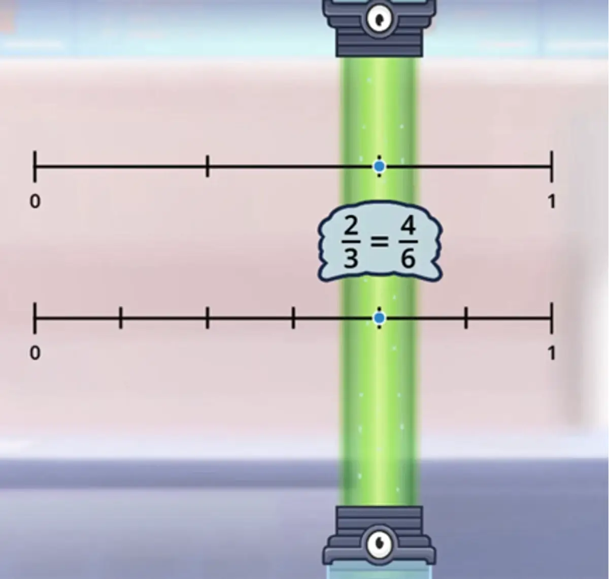 Frax game showing a number line with a marker on 2/3, or 4/6